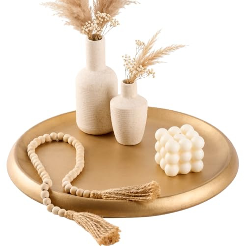 DN DECONATION Deko Tablett Rund Gold Dekotablett aus Holz Serviertablett | 35,6 cm Serviertablett Dekotablett Kerzentablett Tischdeko Schmuckablage Tablett für Couchtisch Badezimmer Wohnzimmer