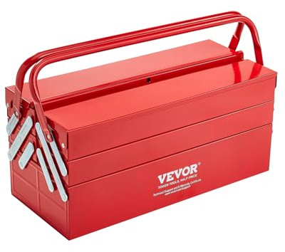 VEVOR Metal Tool Box, 18-inch, 3-Tier 5-Tray Portable Folding Tool Chest Organizer with Handle & Lock Hole, Powder Coated Steel, Cantilever Toolbox for Household Factory Warehouse Repair Shop, Red