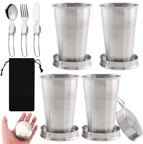 Behogan 4 Stück Edelstahl Faltbecher, 75ml Becher Faltbar Edelstahl, Edelstahlbecher Mit Klapplöffel, Becher Faltbecher Set, Camping Becher Faltbar, Tragbar Klappbecher für PicknickWandern