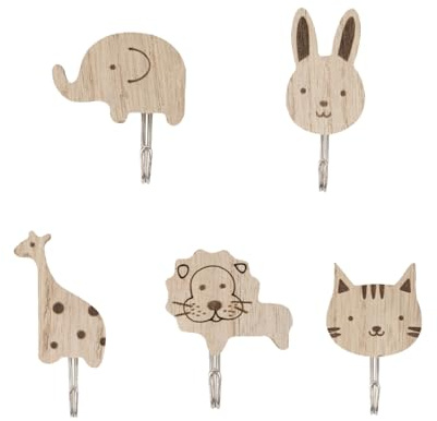 Ganchos para abrigos para niños, 5 ganchos de pared de animales de madera, autoadhesivos, gatos, leones, conejos, jirafas, gancho de madera natural con forma de elefante, decoración temática de