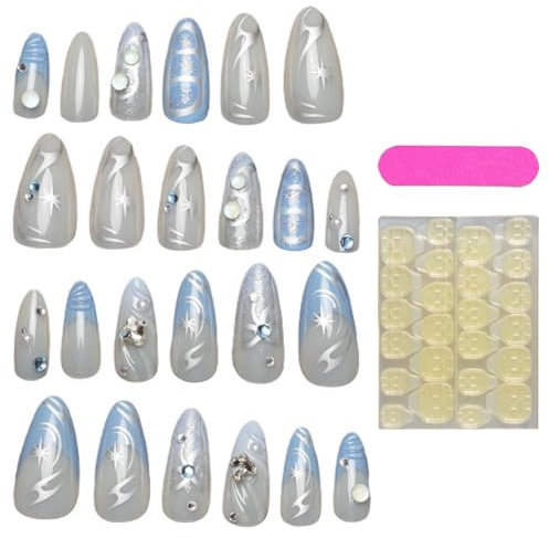 Press on Nails Light Blue - Silver Designs Acrylic Nails | Artificial Homemade Fingertip with French Tip, Women Hand Beauty for Women Girls
