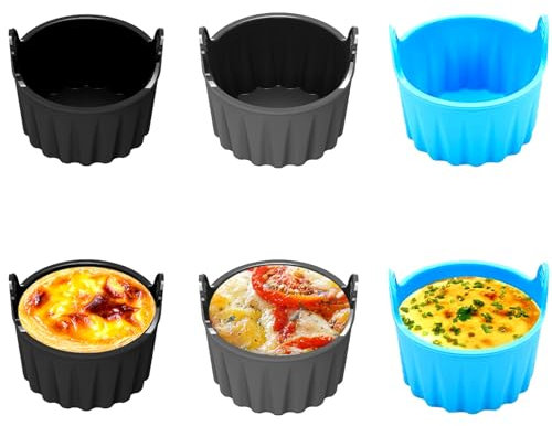 Air fryer Silikonform Eierform, 6 Stück Silikon Luftfritteusen Eierpochierer, Auflaufförmchen für Luftfritteuse, Antihaft Wiederverwendbar Silikon Backform, für Luftfritteuse, Schwarz, Grau, Blau