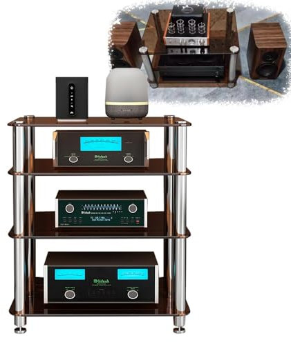 Generisch Brauner Media-Stereoschrankständer – 4-stufiges AV-Rack aus gehärtetem Glas für Plattenspieler, DVD-Player, Spielekonsolen, Entertainment-Center – stilvolles Regal für Audiokomponenten