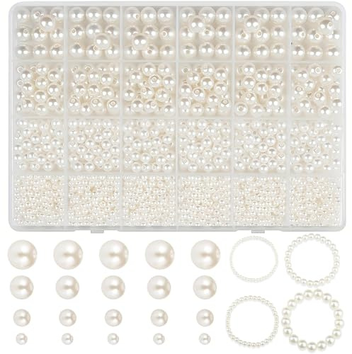 pekifaves 1890 Stück Weiße Perlen zum Auffädeln, Beige Perlen zum Basteln | Runde Deko Beads 4/6/8/10 mm, für Schmuckherstellung, Handwerk, Dekoration und Vasenfüller