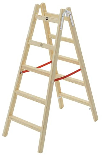 Hailo H60 ComfortLine Holz-Doppelsprossenleiter 2x5 Sprossen bis 150 kg | Klappleiter aus Kiefernholz, 48 mm Komfort-Sprossen, Universalhaken, Gurtband-Sicherung
