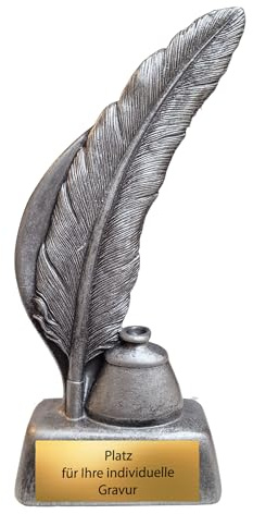 eberin – Schreibfeder Pokal aus Resin 20 cm hoch – stilvolle Resinfigur mit Gravurschild – Award für Autoren Absolventen Lehrer & Bildung – perfekt für Schulabschluss Meisterprüfung & Ehrungen