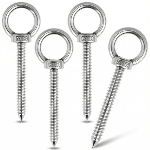 QWORK® Ganchos de ojo resistentes M10 x 80 mm, tornillo autorroscante con ojal - Acero inoxidable 304