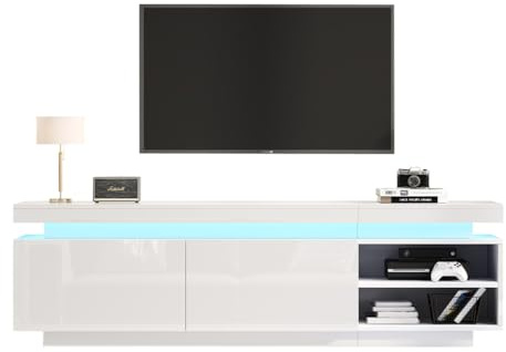 Generisch Meuble TV bas moderne en laque brillante avec éclairage LED, meuble TV, commode TV, adapté aux téléviseurs de 70 pouces, blanc