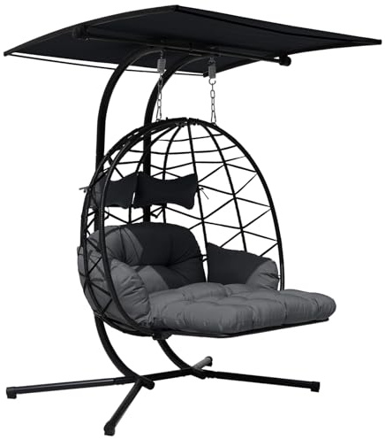 VIXLON Doppel-Hängesessel mit Gestell & Sonnendach – 2-Sitzer Egg Chair mit wetterfestem Stoff, dicken Kissen und 2 Kopfkissen, für Innen- & Außenbereich, bis 260 kg