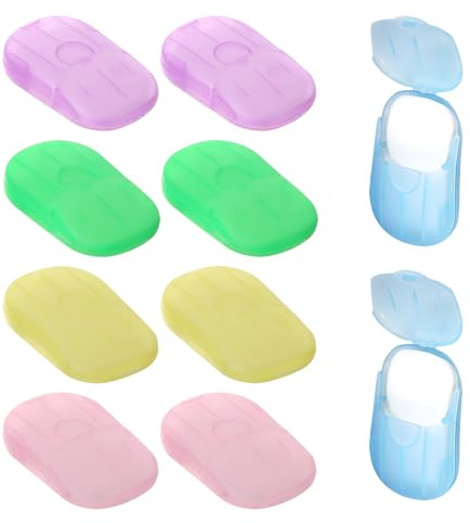 200Pcs Feuille de Savon Portable, 10 Boîtes Ovales Mini Savon Voyage Solide, 5 Couleurs Savon Antibactérien Jetable pour Camping Randonnée, Boite a Savon Voyage Pratique pour Lavage Mains Extérieur