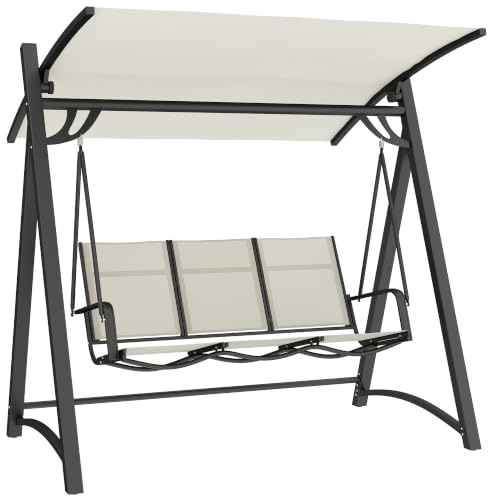 Outsunny Balancín de Jardín de 3 Plazas UPF50+ 188x130x183 cm Blanco Crema | Columpio de Jardín Exterior, Techo Ajustable, Asiento Transpirable, Marco de Metal, para Patio Terraza, Carga 360 kg