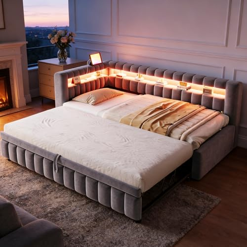 Polsterbett 90x200 cm mit Ausziehbett– Schlafsofa mit LED-Beleuchtung | Ohne Matratze, Geräumigem Kopfteil & Rückenlehne, USB-Ladeanschluss, Klassischem Streifenmuster, Samtstoff Grau