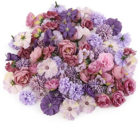 50 unités de fleurs artificielles pour loisirs créatifs, couleur lilas, petites fleurs en tissu, ensemble de têtes pour décoration DIY, têtes de fleurs artificielles comme décoration de mariage