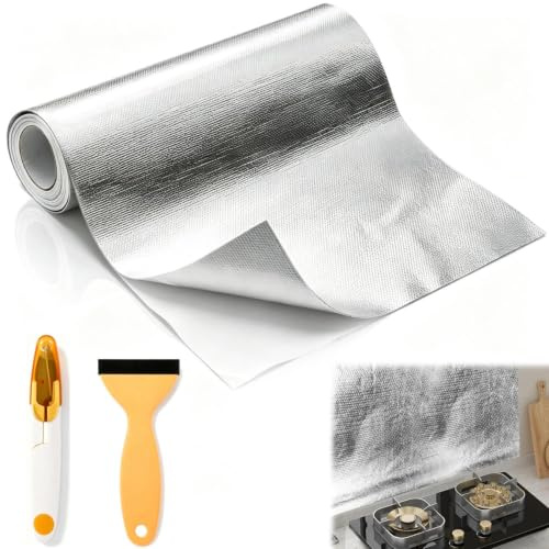 30×500 cm Rouleau Isolante Thermique Autocollant en Fibre de Verre | Kit de Feuille d'Aluminium Réfléchissante Installation Facile Isolant Thermique Voiture Raclette et Cutter pour Cuisinières