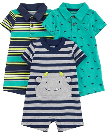 Simple Joys by Carter's Baby 3-pack Rompers, Blue Stripe/Turquoise Dino/Grey Navy, 3-6 months