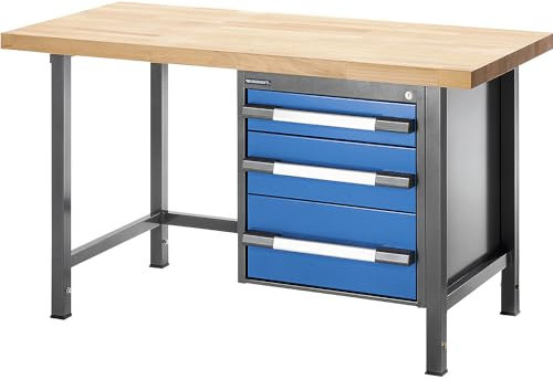 eurokraft | Höhenverstellbare Werkbank | Gestellbauweise | 3 Schubladen | Breite 1500 mm | anthrazit/blau