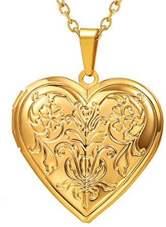 U7 Heart Locket Necklace with Blooming Flower Grain 14K Real Gold Plated Cable Link Chain Photo Locket Pendant for Women