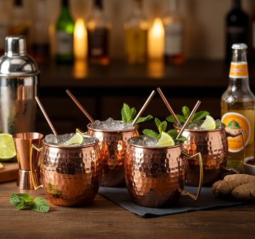 ESPLANADE Moscow Mule Cocktail Koppar Muggar - Set med 4 Muggar, 4 kopparsugrör och en pinnmätare (Moskva Mule Hamrad med modernt handtag)