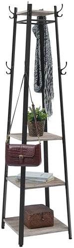 VASAGLE Coat Rack, rockstativ med 3 hyllor, stegehylla med krokar för halsdukar, väskor och paraplyer, stålram, industriell stil, grått och svart LCR080B02