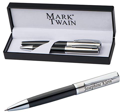 Schreibset MARK®TWAIN Drehkugelschreiber und Rollerball aus Metall mit Gravur schwarzes Design und Geschenkbox Blaue Mine zum Geburtstag 10759