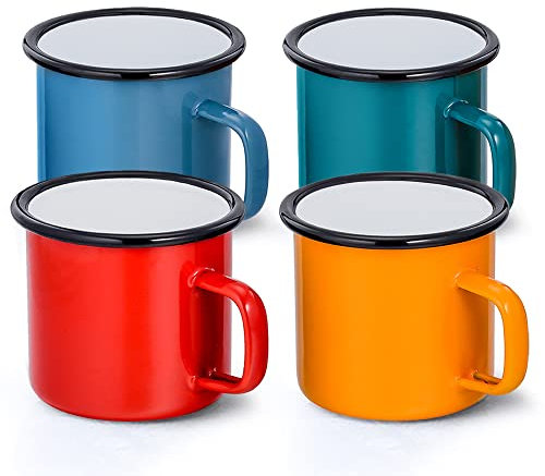 Joyfair Enamel Coffee Mug Set of 4, 12oz Enamel Camping Tea Mugs in Colour Red/Blue/Green/Yellow, Lightweight Retro Cups for Travel Home Office Party, Vintage & Portable (350ml)