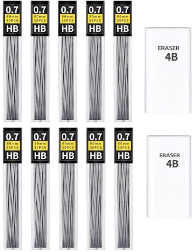 KMEIVOL Bleistiftminen 0,7 mm - 450 Stück 0.7 mm HB bruchfeste Minen für Druckbleistifte and 2 Radierer,Geschmeidig und klar schreiben