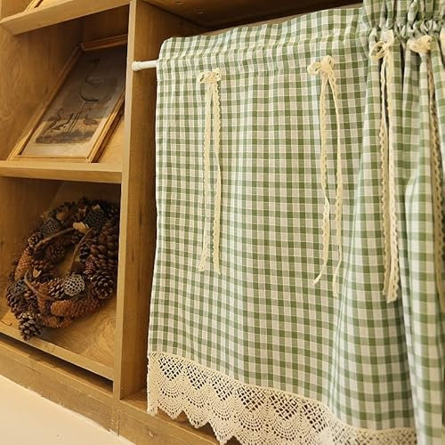 A.Monamour Short Curtains Cotton Green Check Plaid Gingham Embroidered Lace with Bows Opaque Kitchen Cafe Bedroom Curtain Panel Half Drapes for Cabinet Door