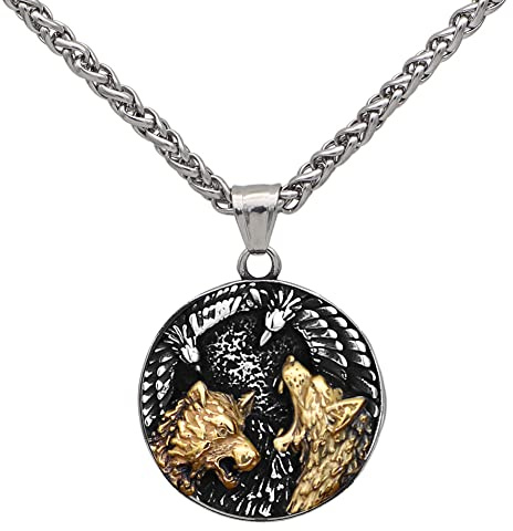 JHBTFQ Wikinger Herren Schmuck 316L Edelstahl Gold Anhänger Halskette 24 Zoll Kette mit Lederbeutel, Amulett Geschenk für Mich Selbst