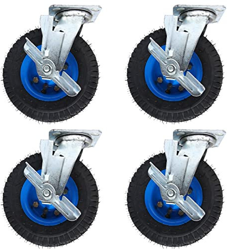 WORDFUN 4 Geräuschlose Schwerlastrollen Mit Bremse, Ø 200 X 45 Mm/Ø 250 X 80 Mm Doppelkugellager Lenkrolle, Tragkraft 300kg Luftreifen Gummi Rollen, Für Möbel Rollwagen Werkbänke (Size : Ø 8in/200mm)