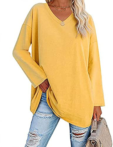 Famulily Women's Basic Long Sleeve Cotton T Shirts Solid Color Comfy V Neck Loose Tunic Tee Shirts Tops