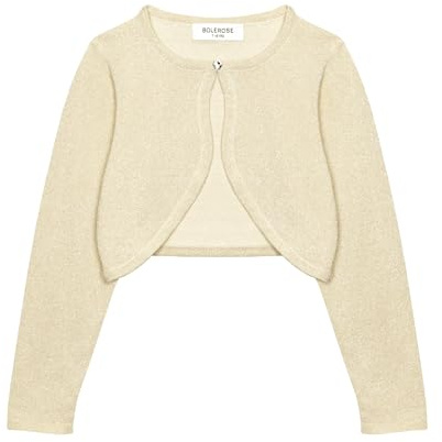 Bolerose Mädchen Glitzer Bolero Langarm | Offene Front, Herz-Strassknopf, Glitzerfaden, Taillenkurz, Rippbündchen, Rieselt Nicht, Baumwolle, 3-14 Jahre