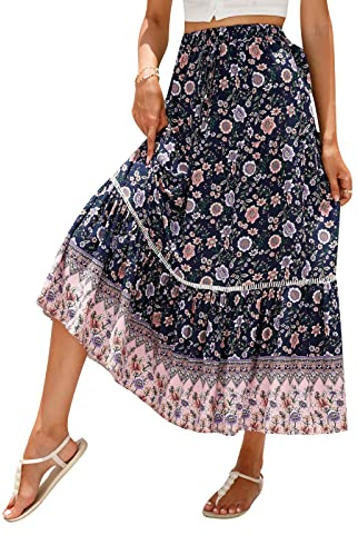 Women Casual Boho Long Skirt Vintage Floral Print Bohemian Style Half Dress Elastic Waist Flowy Swing Midi Skirt Summer Spring (Navy, M)