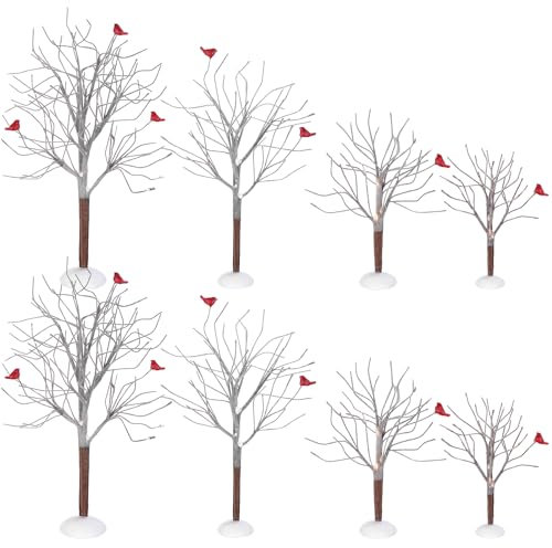 8 Stück Weihnachtsdeko Bäume Weihnachten Dorf Bäume Set Mini Dekor Bäume mit roten Vögeln Schnee Dorf Frost Bäume Winter Schnee Modell Birken Dorf Zubehör für Haus Garten Winter Tischdekoration