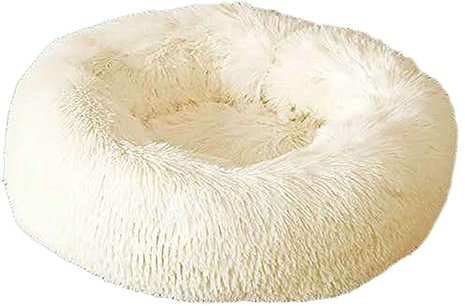 Zoomlie Rundes Donut-Haustierbett, warm, flauschig, Anti-Angst, Hundehütte, langer Plüsch, für den Innenbereich, Katze mit rutschfester Unterseite, Haustiernest, Kuscheltier (30 cm, weiß)
