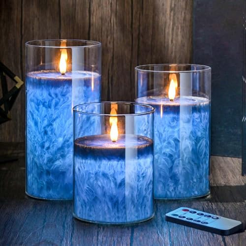 MOZC LED kerzen flackernde flamme, LED kerze mit Timerfunktion im Glass, Elektrische Echtwachskerzen mit Fernbedienung, 3 teilige Flammenlose Kerzen für Deko Schlafzimmer, Badezimmer Deko