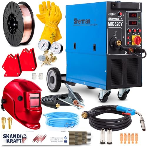 Sherman MIG 320Y/4R - Soldador Inverter Profesional con Gas 320A 400V - Máquina de Soldar con Carro, 4 Rodillos - Regulación de Inductancia - 2 Tiempos y 4 Tiempos, Post-Flow - Set Premium