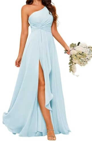 Vestido de dama de honor de princesa con un hombro, plisado, de gasa, formal, vestido de fiesta de noche con abertura, azul claro, 60 Más