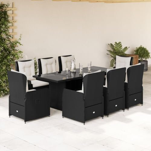 Gecheer 9-TLG. Garten Essgruppe 8 Personen, Polyrattan Sitzgruppe, Rattan Gartenmöbel Set, Balkon Möbel, Garten Lounge, Terrassenmöbel Set, Gartengarnitur Sitzgarnitur, Kissen, Schwarz