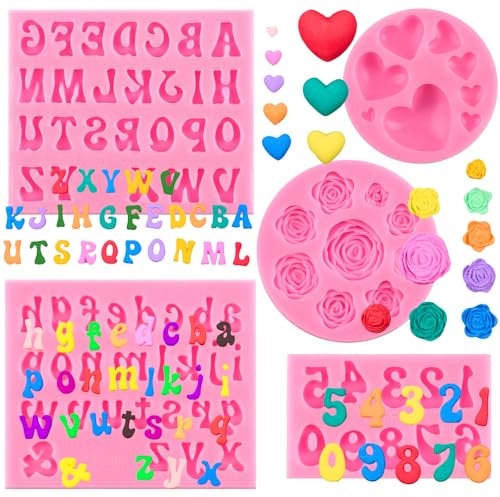 CLUEWR 5 PCS Silicone Letter Molds, Non-Stick Number Heart Rose Flower Fondant Molds for Chocolate, Candy, Cake Decoration, Cupcake Topper