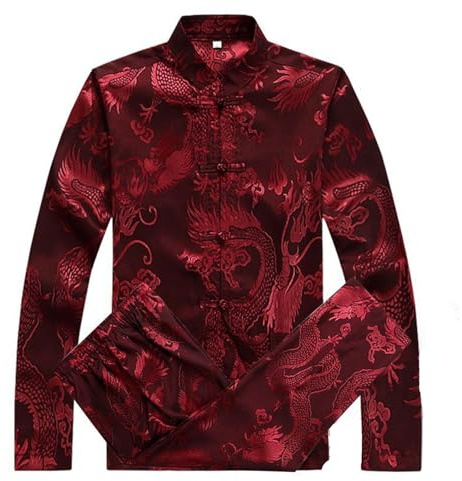 Polyester Kung Fu Suit Sets Mens Tang Uniform Han fu Martial Arts Clothes Shirt Pants Tops Bottoms (Red, 165/M)