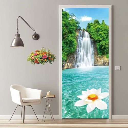 Türfolie Selbstklebend 3D Türaufkleber Wasserfall Blume Türtapete Selbstklebend Türposter 77X200 cm Türverkleidung Türtattoo Poster Abnehmbar Fototapete für Wohnzimmer Schlafzimmer Küche Bad -MT526