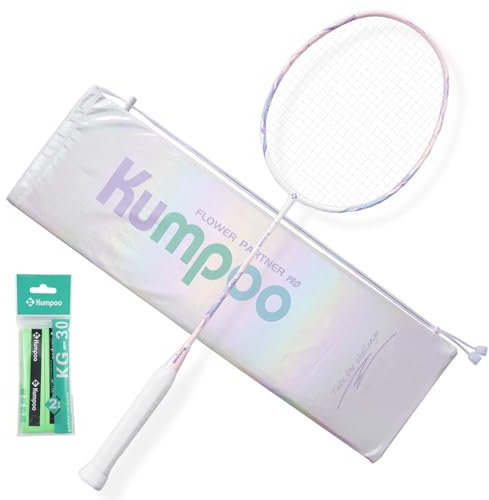 KUMPOO Professioneller Badmintonschläger, 4U, leicht, mit hoher Festigkeit, Kohlefaser, Badmintonschläger-Set mit Griffbändern und Abdeckung für Anfänger, Fortgeschrittene, Flower Partner Pro, Rosa