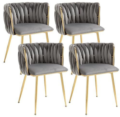 LIFEISLE Esszimerstühle Samt 4er Set, Küchenstühle mit Goldenen Beinen und Armlehne, Polsterstuhl, Sessel mit handgewebten, Schminktisch Stuhl, für Esszimmer, Küchen, Wohnzimmer, Schlafzimmer, Grau