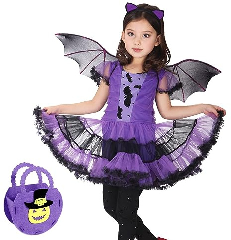 GDLOKFU Déguisement Chauve-Souris Fille, Costume Halloween Enfant avec Ailes, Déguisement Sorcière Vampire pour Filles, Costume de cosplay pour Soirée, Carnaval & Fête d’Halloween