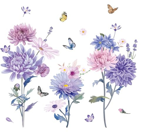 FUFUQUARE Pegatinas de Pared de Flores de Margarita Moradas Boho Elegante Calcomanía de Arte de Pared de Mariposa Floral PVC para Niñas Sala de estar Dormitorio Guardería