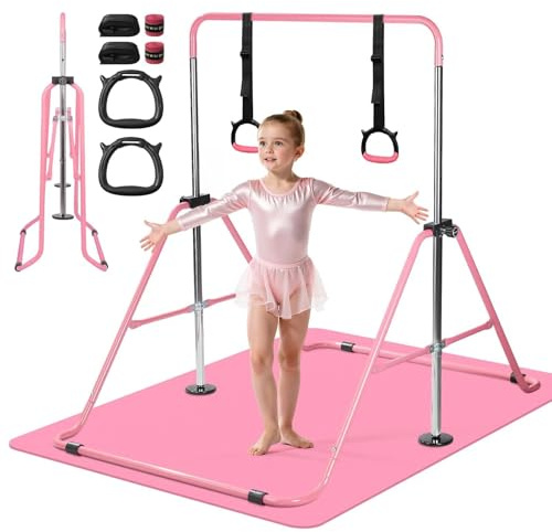 DVDGSC Kinder Turnreck Reck Indoor - Faltbares Gymnastik Reck mit Ringen Klimmzugstange Reckstange Horizontale Training Bar Trainingsgeräte für 3-12 Jahre alte Kinder (Pink+Yoga mat)