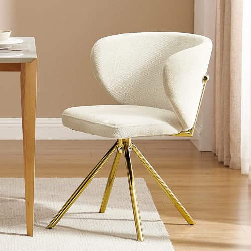 Zouron Drehstuhl Esszimmer Weiß, Küchenstühle Polsterstuhl Sessel Drehbar Ohne Armlehnen Rückenlehne Baumwollen Lein Goldene Metallbeine 150Kg Belastbar