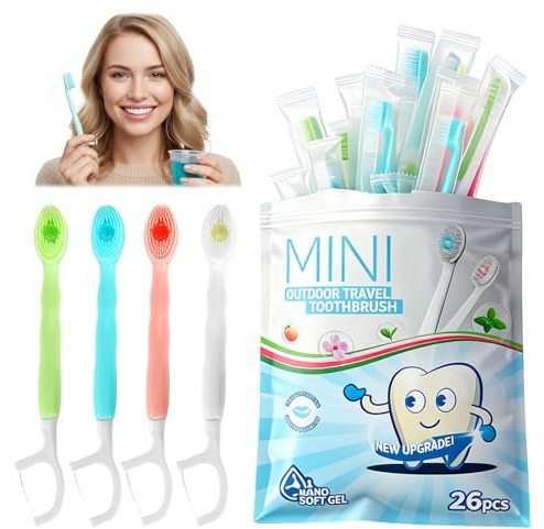 26 mini spazzolini da denti monouso con dentifricio, 5 in 1 usa e getta con filo interdentale, raschietto per lingua e stuzzicadenti, spazzolino da viaggio confezionato singolarmente per viaggiare