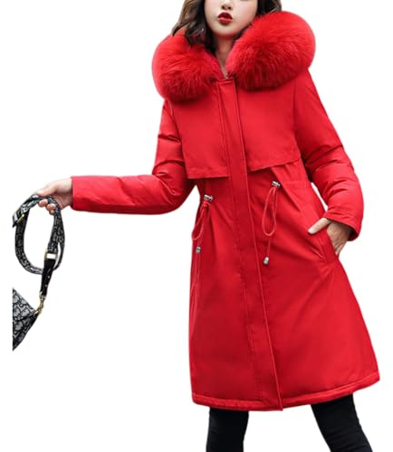 Lång puffer vinterrockar för kvinnor, dunparkas varm ytterrock knälång tjock quiltad jacka med pälshuva, Röd, S