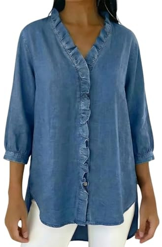Camiseta de manga larga para mujer, informal, blusa para mujer, con volante, top con escote en V, camiseta elegante de color liso, camiseta juvenil, camisa cómoda, camiseta esponjosa